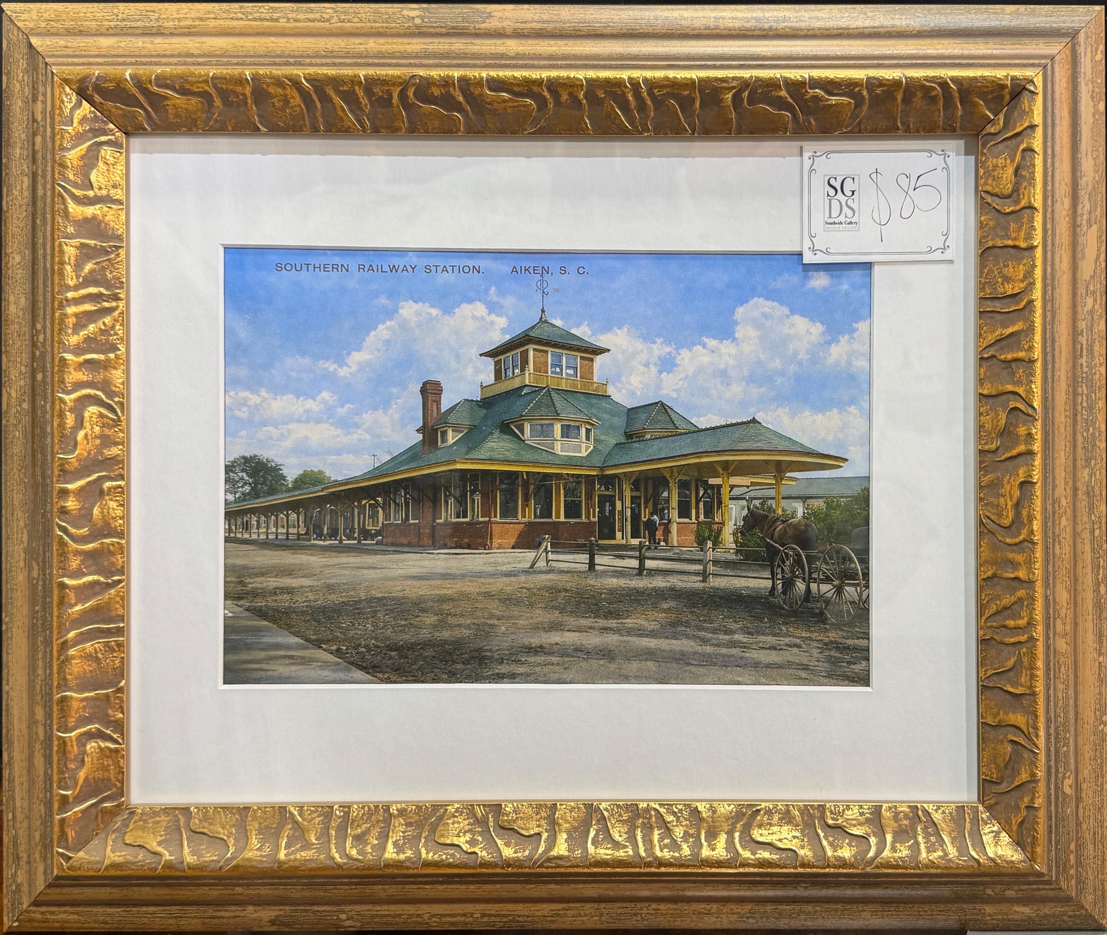 Framed restored postcard of Aiken Train Depot